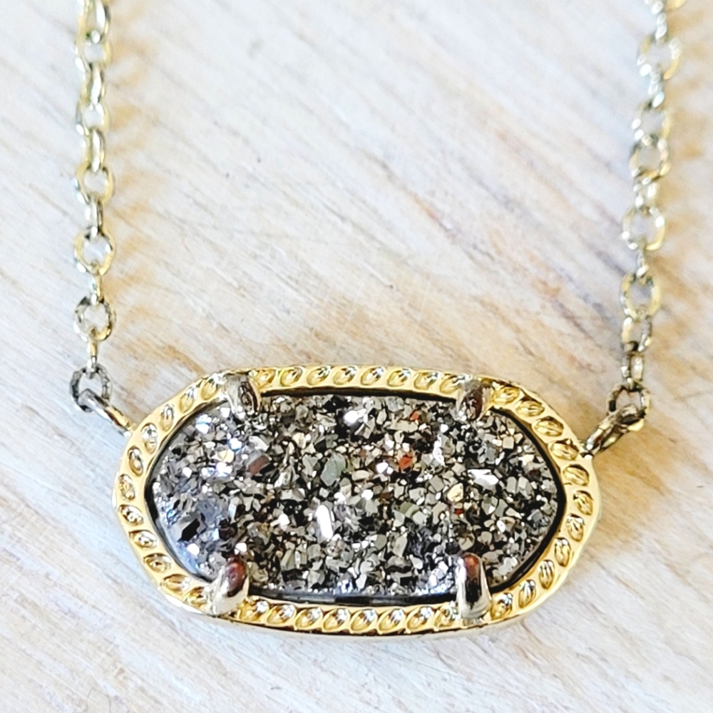 🩶💛Kendra Scott-Small Gold toned-16" Silver Drusy Stone Necklace
